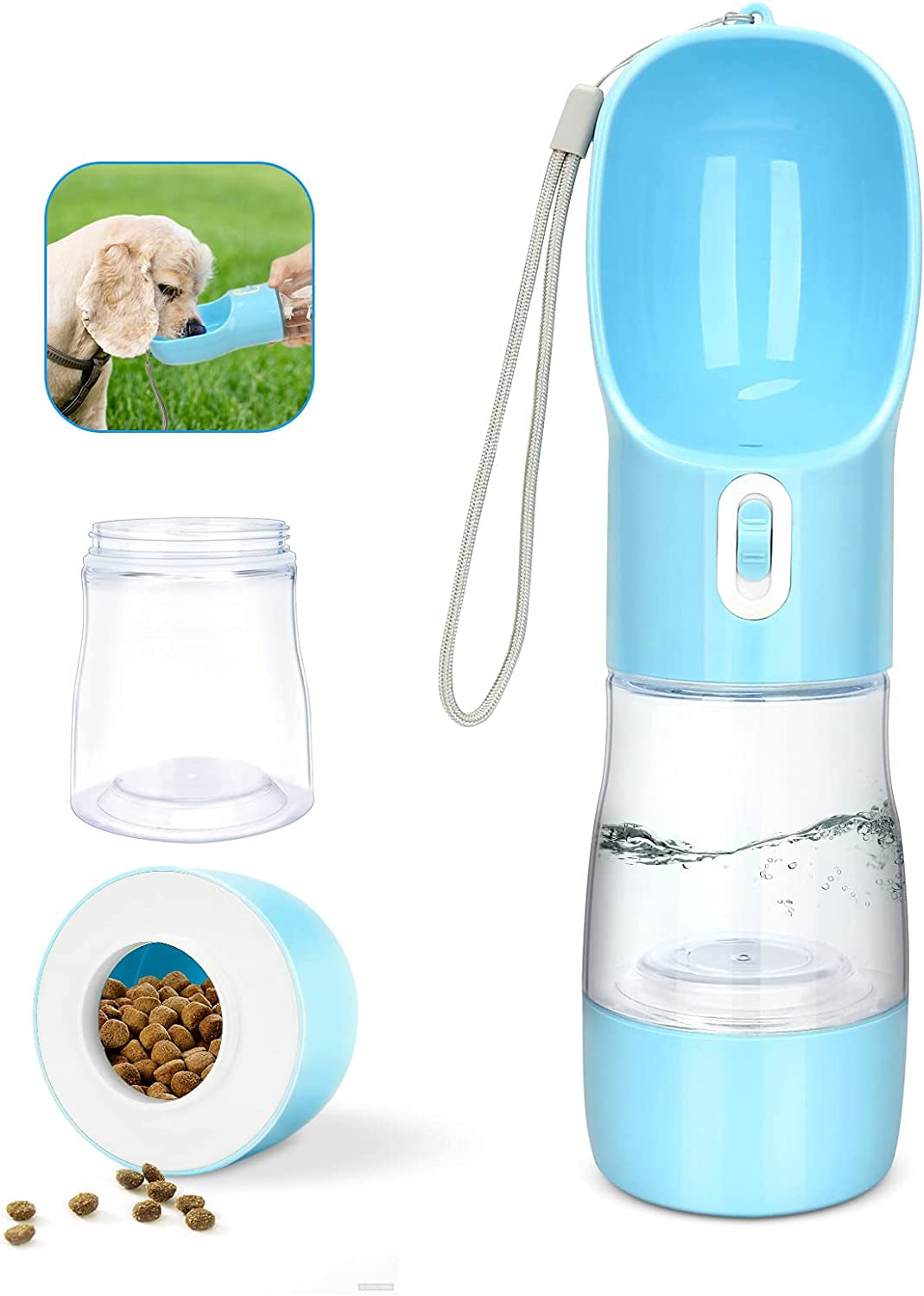 "Ultimate Portable Dog Water Bottle - Leak Proof & Lightweight with Food Container for Hiking - BPA Free (Blue)"