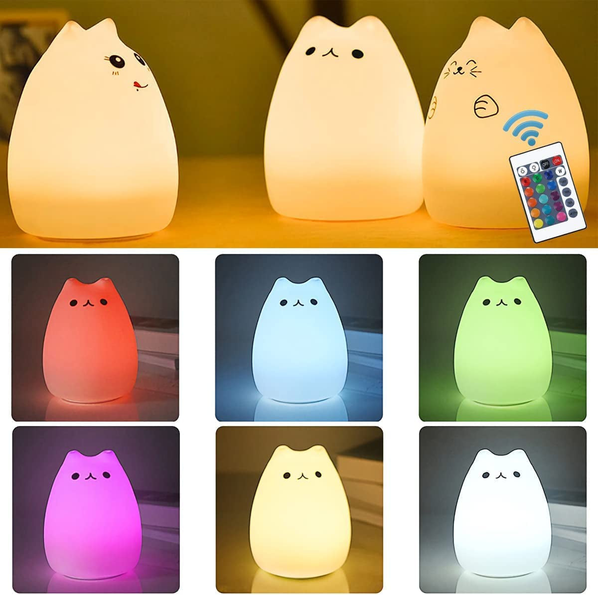 "Adorable Cat Lamp Set: Remote Control Silicone Night Light for Kids - Rechargeable Kawaii Design, Perfect for Toddlers and Baby Girls (4 Piece Set)"