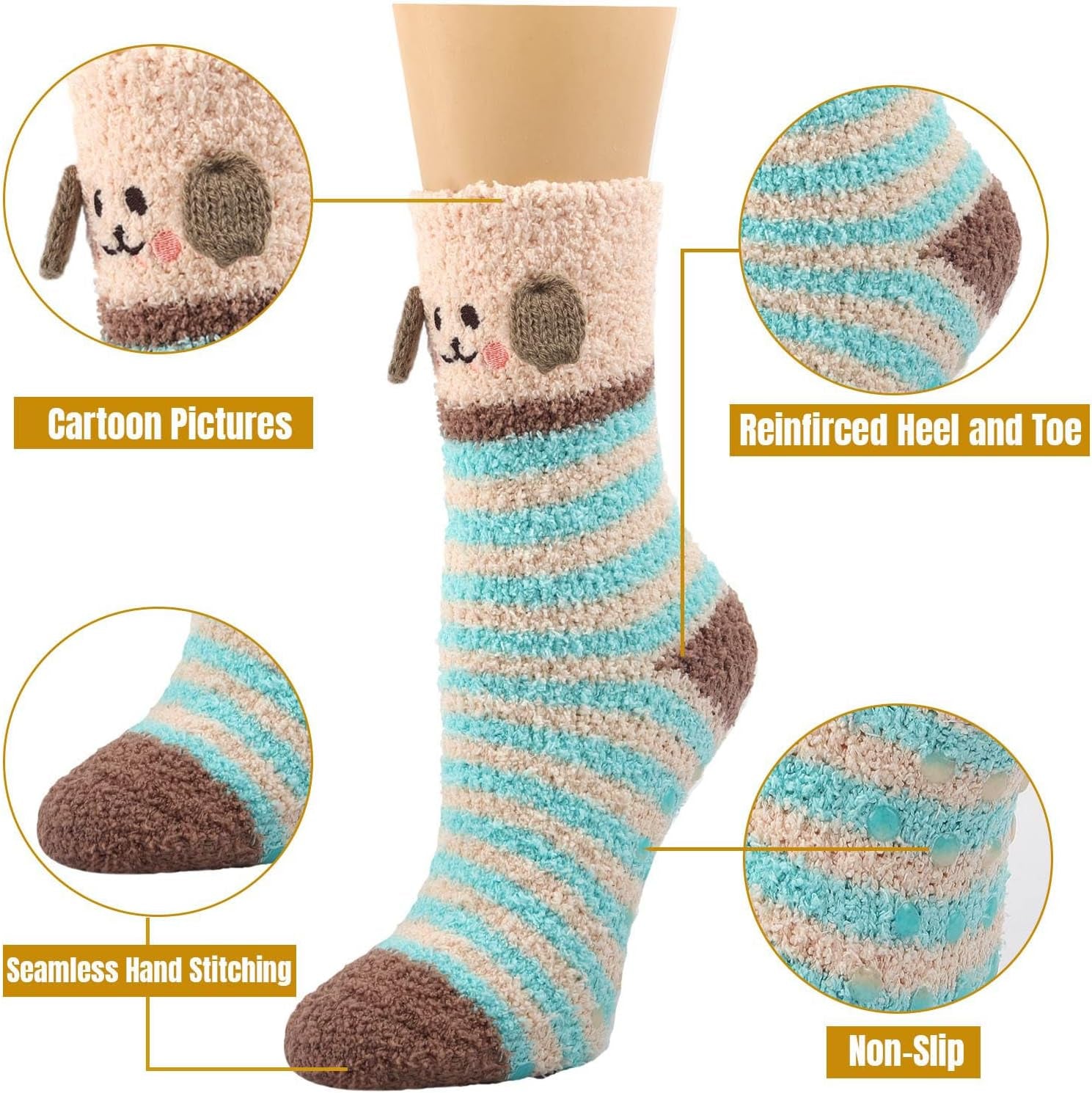 "Cozy Fuzzy Slipper Socks for Women - 5 Pairs of Fluffy, Non-Slip Winter Socks with Adorable Animal Designs!"