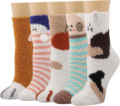 "Cozy Fuzzy Slipper Socks for Women - 5 Pairs of Fluffy, Non-Slip Winter Socks with Adorable Animal Designs!"