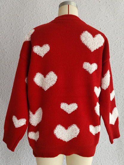 Heart Round Neck Dropped Shoulder Sweater