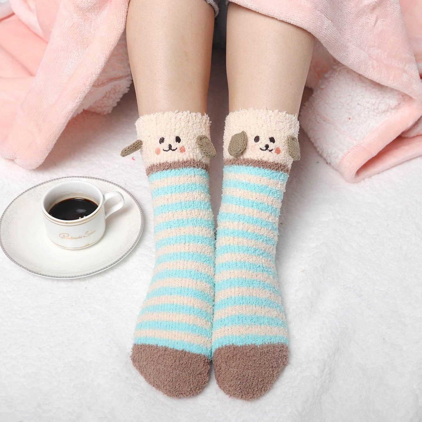 "Cozy Fuzzy Slipper Socks for Women - 5 Pairs of Fluffy, Non-Slip Winter Socks with Adorable Animal Designs!"