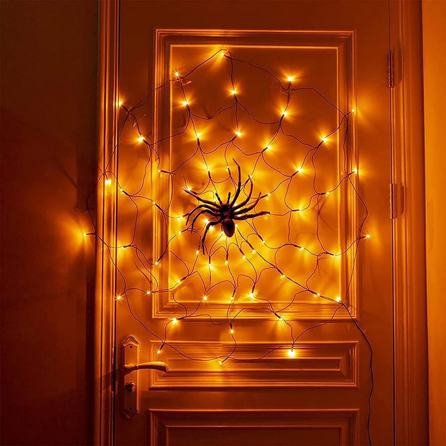 Halloween Decorations Orange Lights Spider Web 24In 60LED Spider Web Lights with Spider, 2 Modes Light up Cobweb Halloween Decorations for Indoor Ourdoor Garden Yard Home Patio