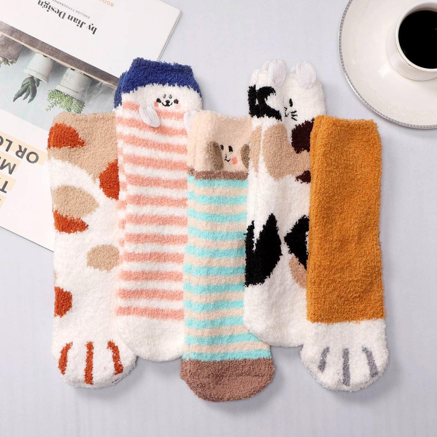 "Cozy Fuzzy Slipper Socks for Women - 5 Pairs of Fluffy, Non-Slip Winter Socks with Adorable Animal Designs!"