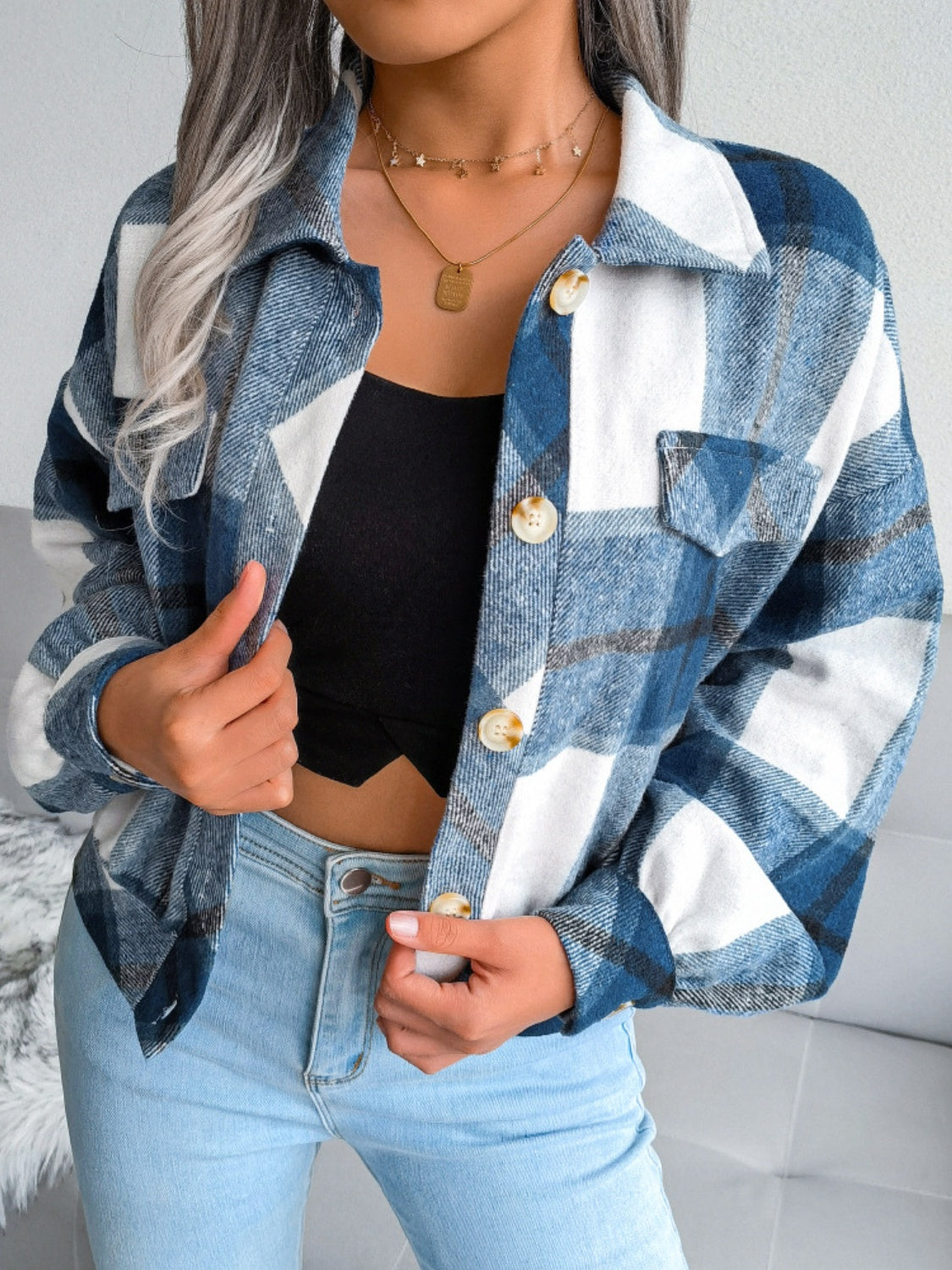 Plaid Collared Neck Long Sleeve Jacket